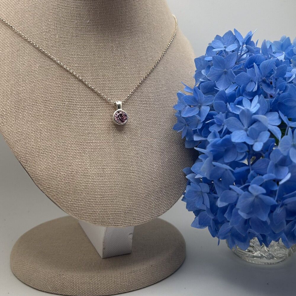 Sterling Silver 18” Chain Necklace with Pink Crystal Stone Pendant Stamped 925